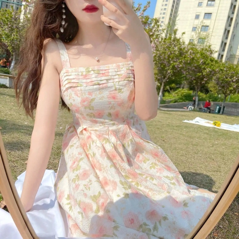 Đầm Maxi Hai Dây Hoa Nhí Dáng Dài Ngực Xếp Ly Tiểu Thư HT19 HaLuu Store