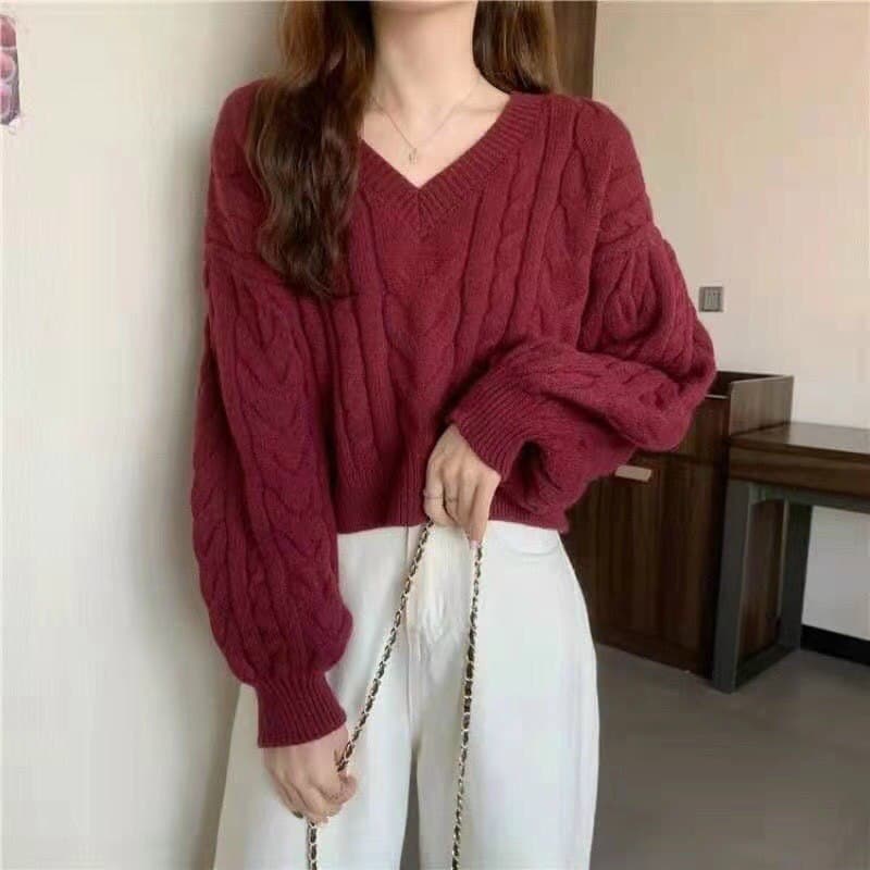 áo len nữ cổ tim tay dài bồng chất len dày dặn cực ấm siêu đẹp siêu điệu đà