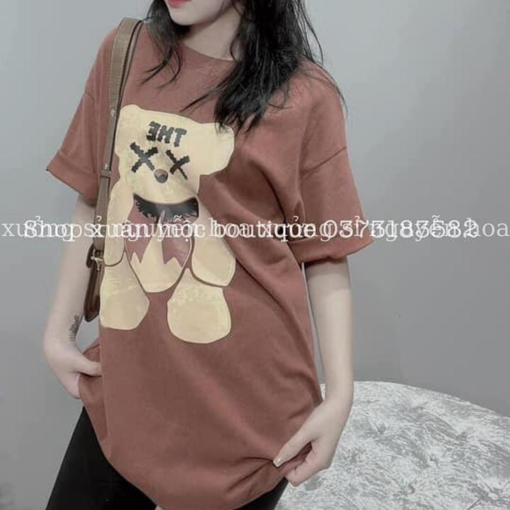 Sét bộ áo thun in hình gấu The dáng rộng kèm quần ngố legging ôm 2 màu nâu đen Xưởng Sỉ Nguyễn Hoa
