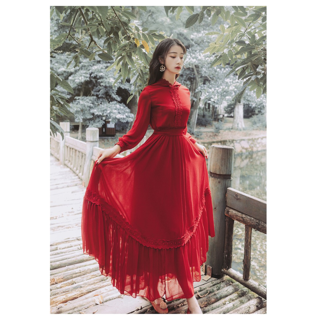 Đầm Đỏ Boho kiểu Cổ Điển - Hàng loại 1 voan chiffon mềm rũ - (đầm du lịch)