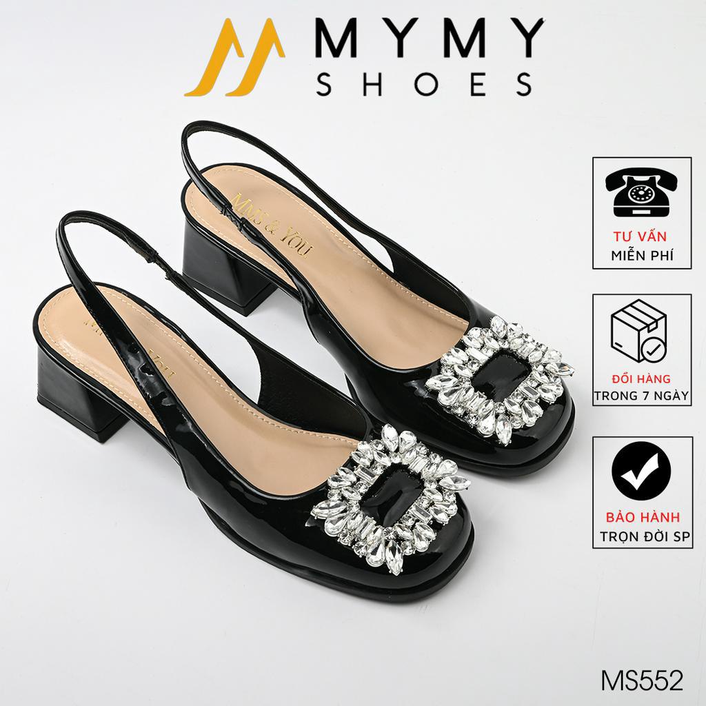 Giày cao gót nữ đế vuông đế cao 5cm bít mũi mặt đá màu đen MyMyShoes - giày cao gót MS552