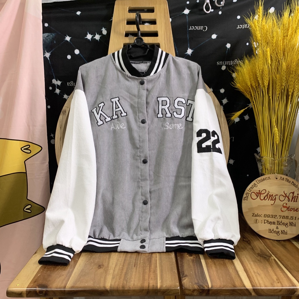 Áo Khoác Bomber Thêu KARST 22 Chất Nhung Tăm Cao Cấp Ulzzang Unisex Dáng Rộng Nam Nữ