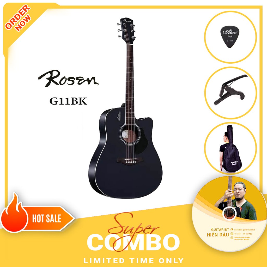 Đàn Guitar Acoustic Rosen G11 - Đàn gỗ thịt, nhiều màu lựa chọn và khóa học guitar trị giá 699k