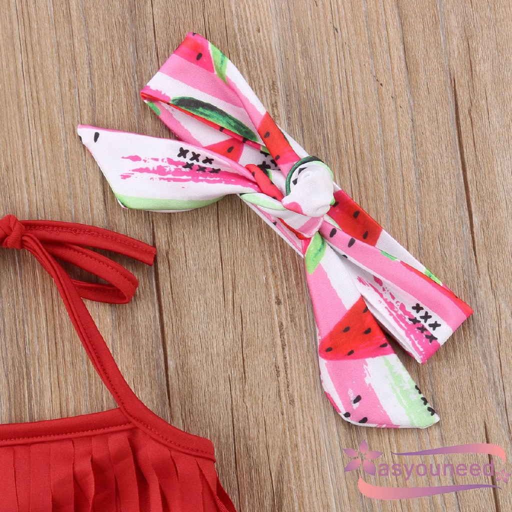 Set bikini 2 mảnh kèm băng đô vải in hình dưa hấu dễ thương xinh xắn cho bé gái