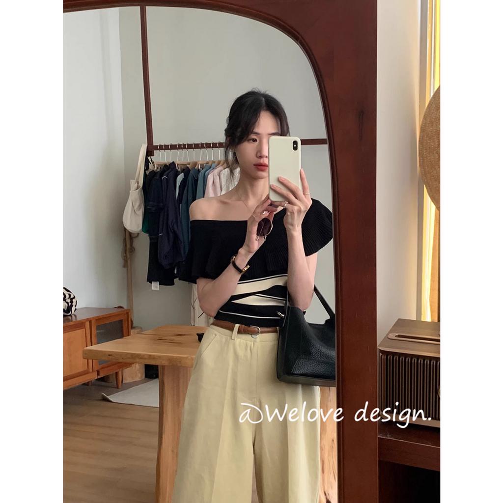 「 WELOVE1 」Áo sweater Tay Ngắn Cổ Tròn Kẻ Sọc Đơn Giản Thời Trang Mùa Hè