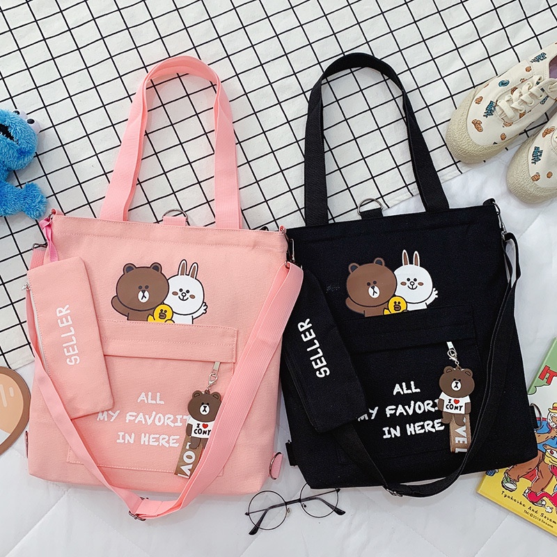 Túi đeo chéo nữ in hình gấu Brown thỏ Cony vịt Sally siêu yêu Túi vải canvas có thể làm Balo mini đeo trên lưng TU02