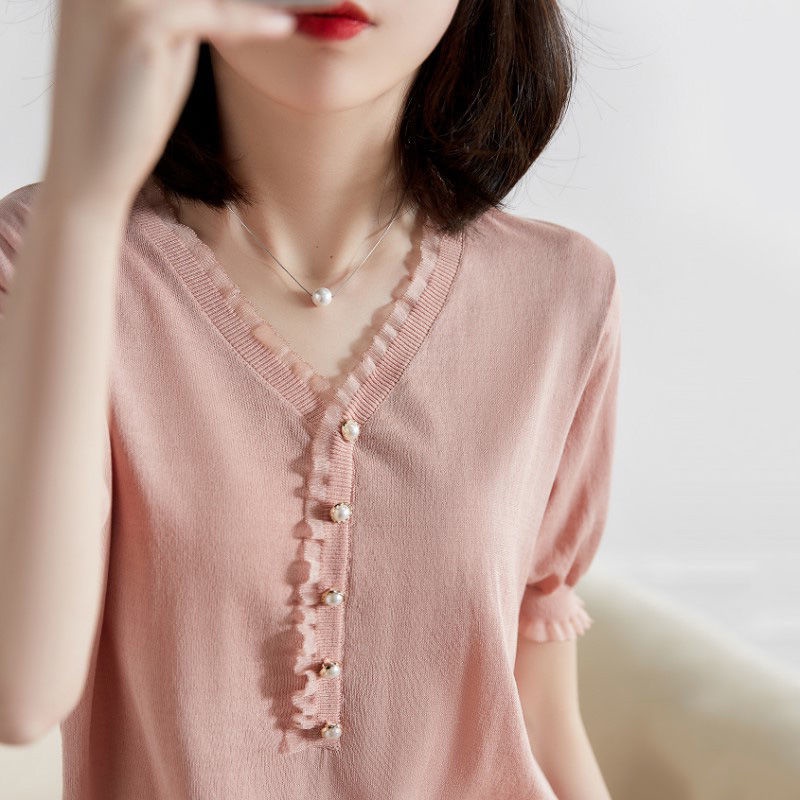 Áo Thun Tay Ngắn Cổ Chữ V Kiểu Lưới Thời Trang Mùa Hè Sành Điệu Cho Nữ♀