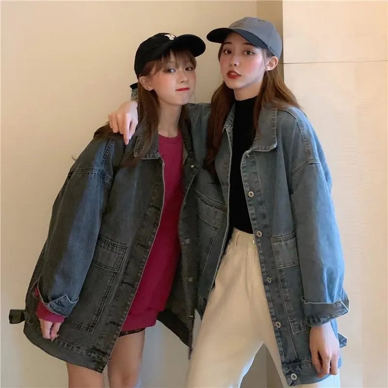 Áo Khoác Jean Dài Tay Màu Xanh Và Đen Cổ Bẻ Cài Cúc Dáng Rộng Chất Loại 1, Áo Denim Cá Tính Bụi Bặm Style Ngầu Chất