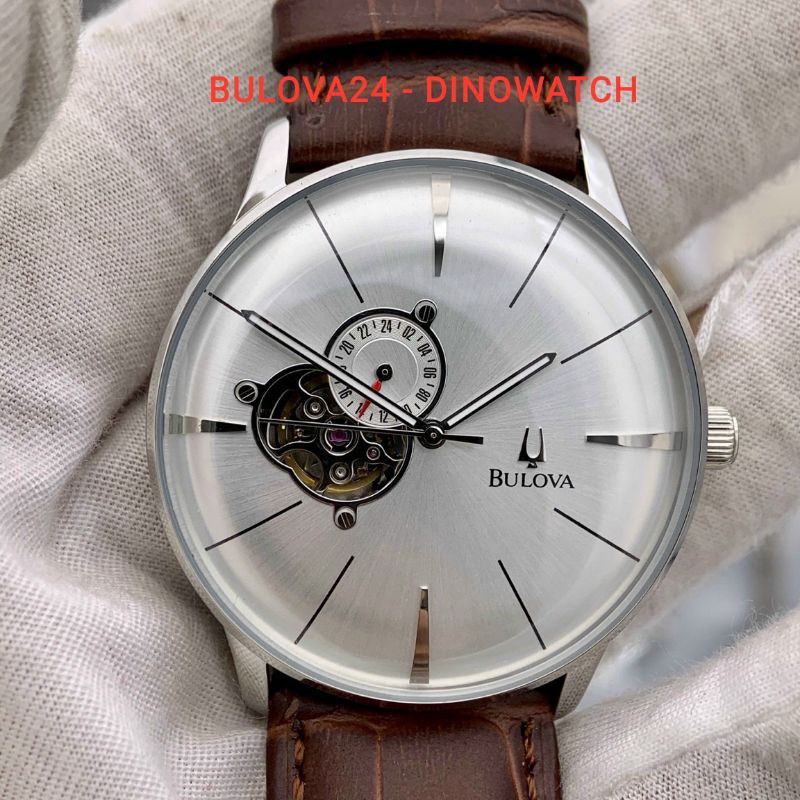 Đồng Hồ Nam Automatic Bulova 96A118 Mặt Bạc Da Nâu , Size 41mm