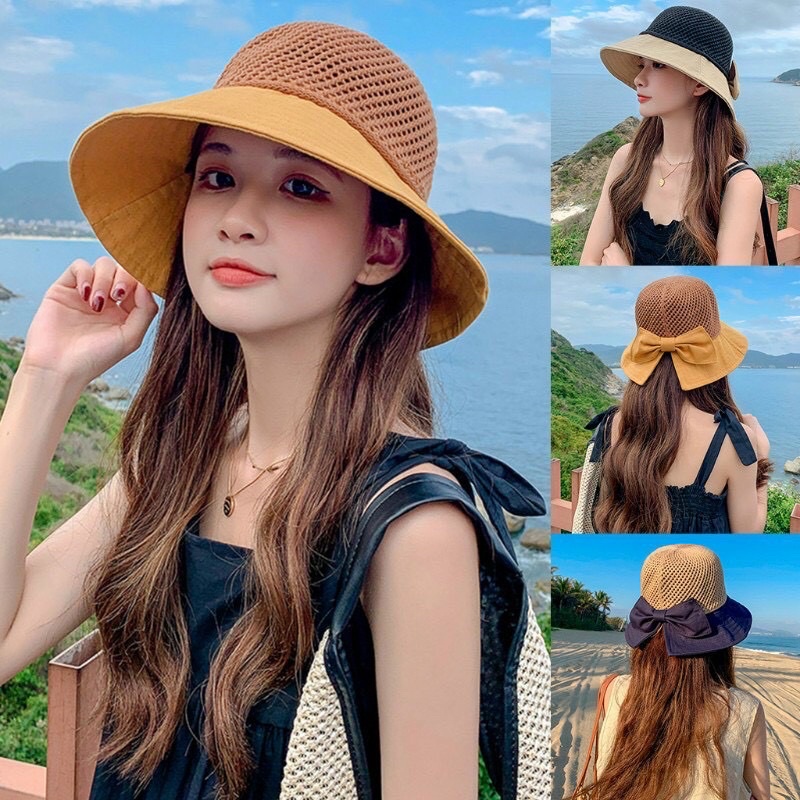 Mũ, nón vải che nắng, đội đầu đi biển, du lịch mùa hè 2022 có nơ xinh xắn, thoáng khí phong cách Hàn Quốc
