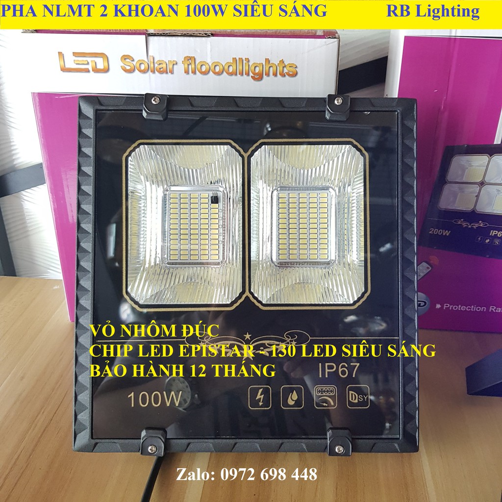 Pha led năng lượng mặt trời 100w 2 khoan solar - Ip67 chống nước, sáng lâu, dây nối dài 5m