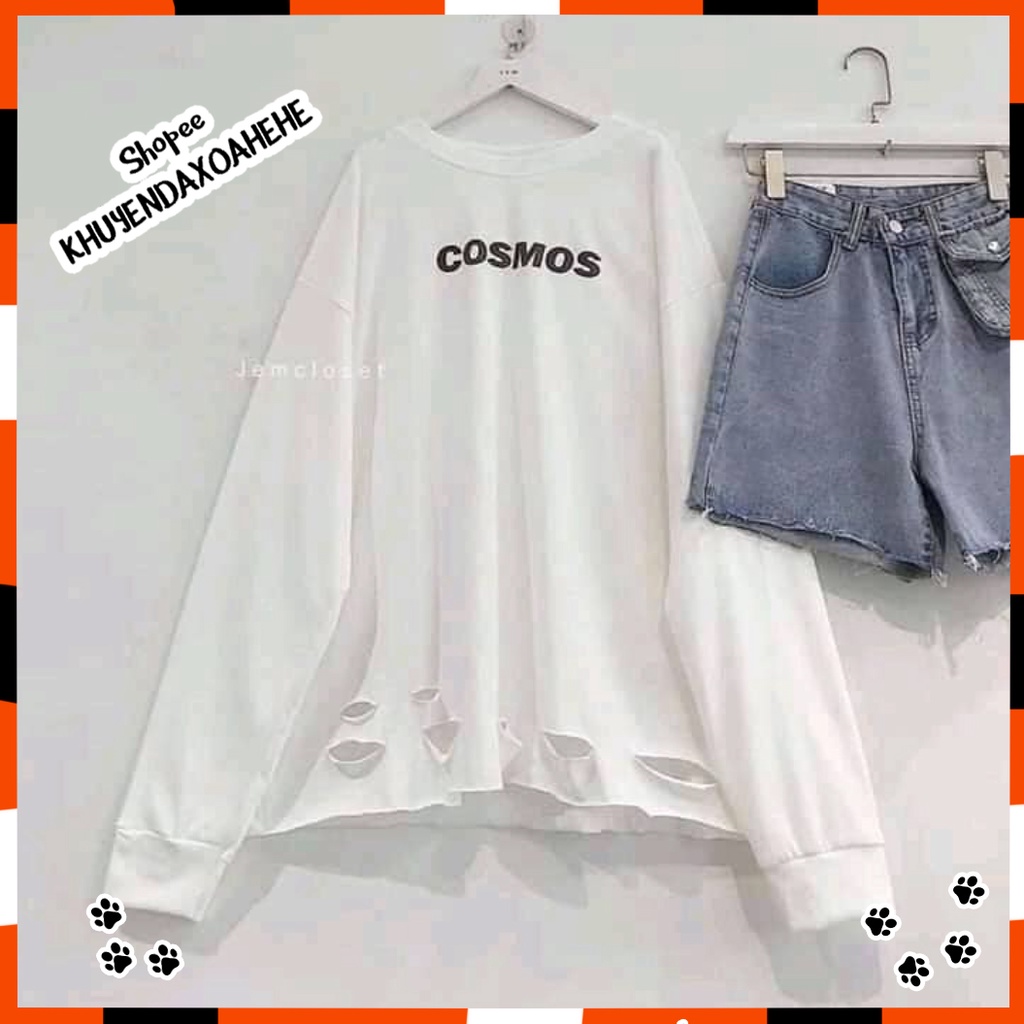SQ009 Set áo thun dài tay rách Cosmos form rộng + quần Jorgger đen gấu bo nam nữ, bộ áo phông trắng oversize quần dài