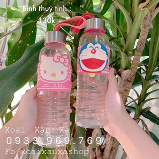 Bình nước thuỷ tinh bọc silicone hoạt hình hello kitty, đoraemon