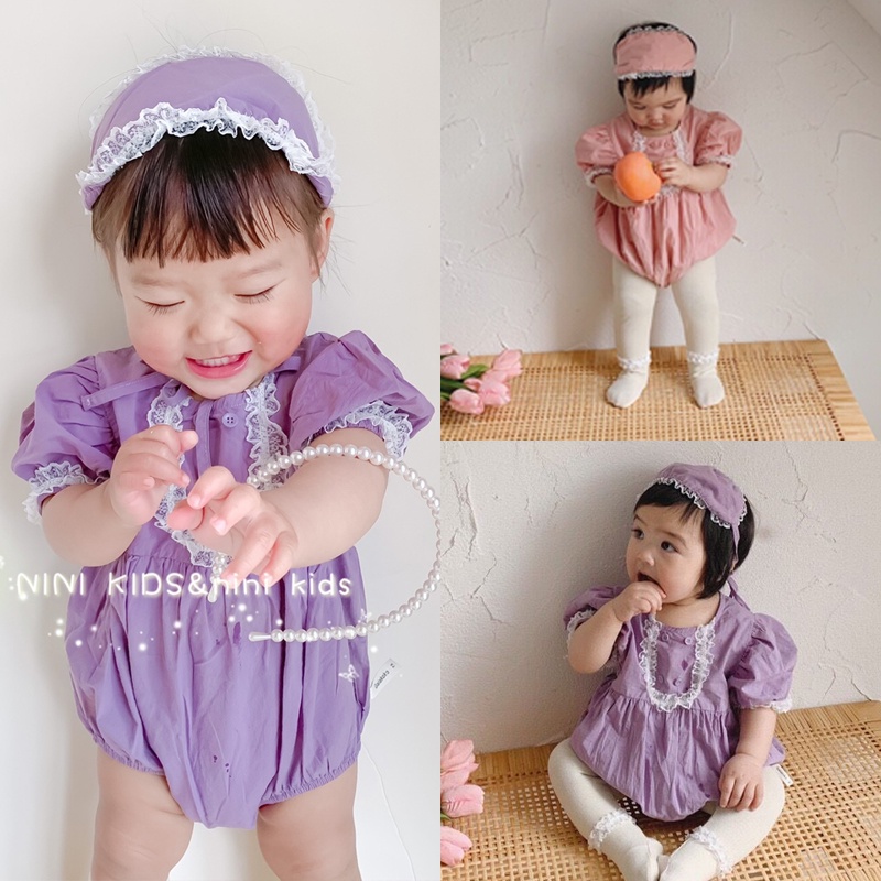 Bộ Áo Liền Quần Tay Nhún Bèo + Băng Đô Thời Trang Cho Bé Gái Sơ Sinh