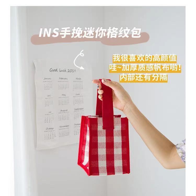 Túi Canvas Đựng Cơm Trưa Chống Thấm Nước Họa Tiết Sọc Caro Đơn Giản Phong Cách Hàn Quốc