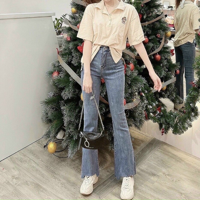 [Ảnh thật/Video]Quần Jean ống loe cào nhẹ hai màu xanh nhạt và xanh đậm