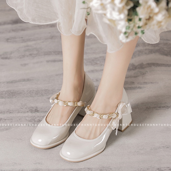 Giày Cao Gót Nữ Mary Jane Da Bóng Phối Nơ Lụa Quai Xích Sang Trọng - GD018
