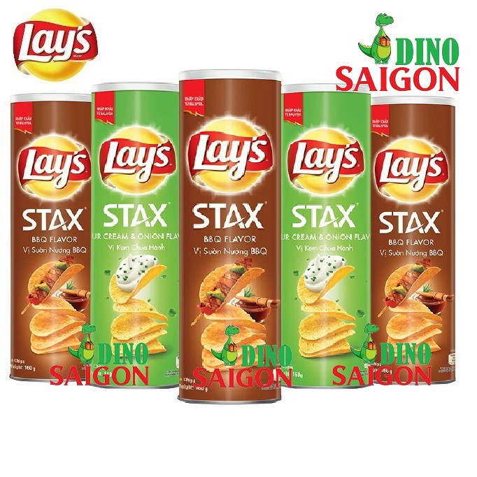 Combo 5 Hộp Bánh Snack Khoai Tây Lay's Stax Malaysia 160g gồm 3 vị Sườn nướng BBQ + 2 vị Kem Chua Hành