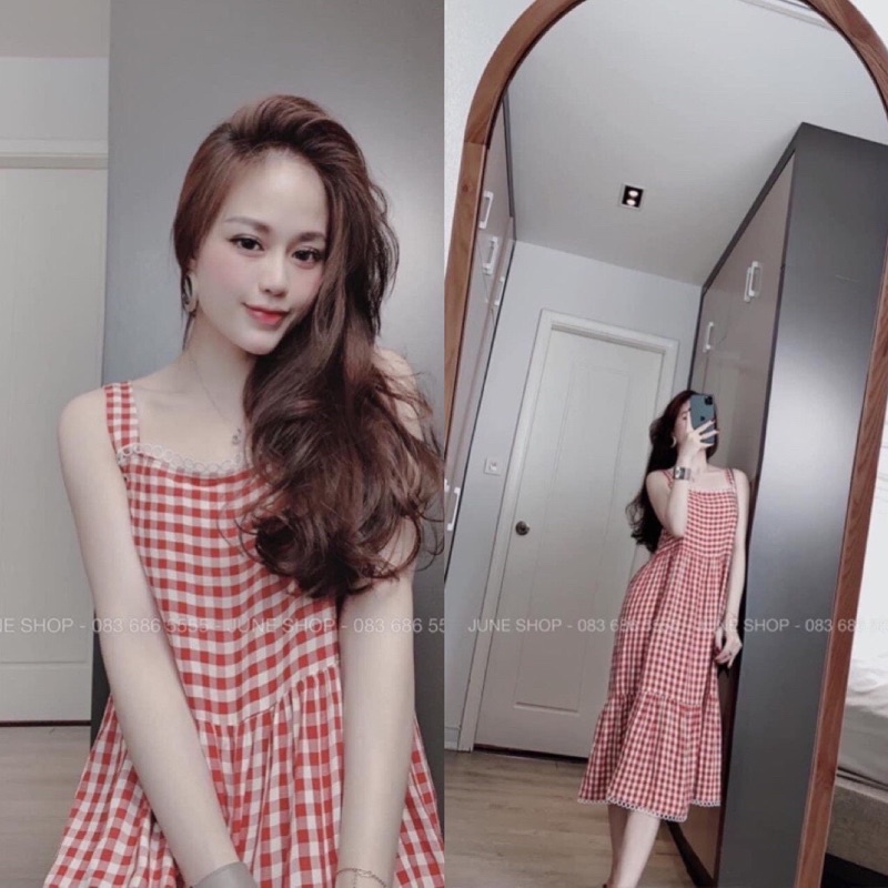 Đầm Caro  2 Dây Maxi Ren Ô Chất Đẹp