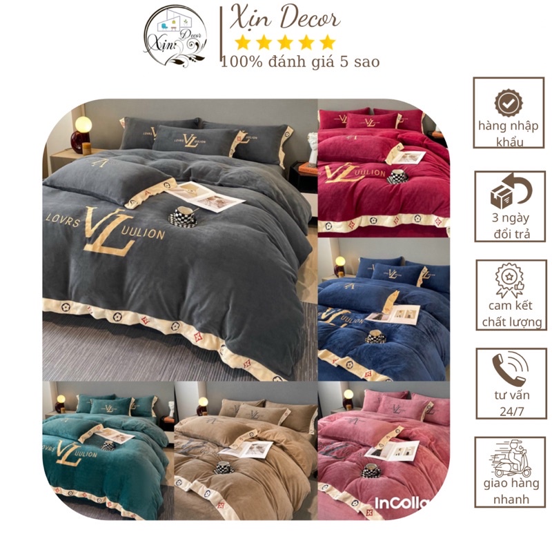Bộ chăn ga gối nỉ nhung thêu thương hiệu LV sang trọng Xịn Decor SHOP VŨ THỊ THƠM