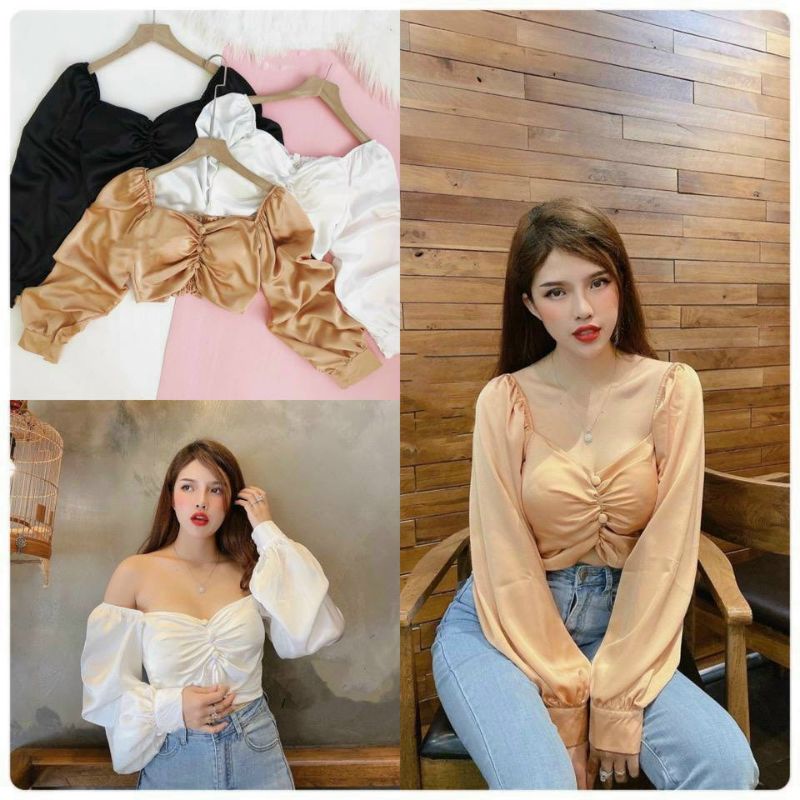 Áo nhíu ngực phi lụa phối dây kéo sau