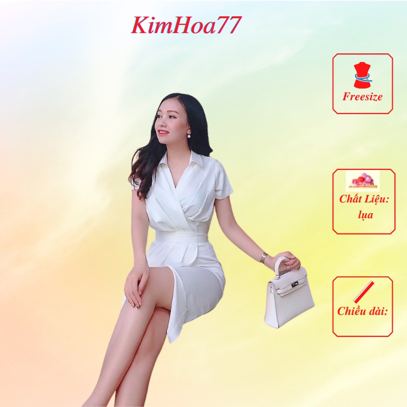 Đầm sơ mi freesize chất kate lụa xếp ly chéo eo kimhoa77