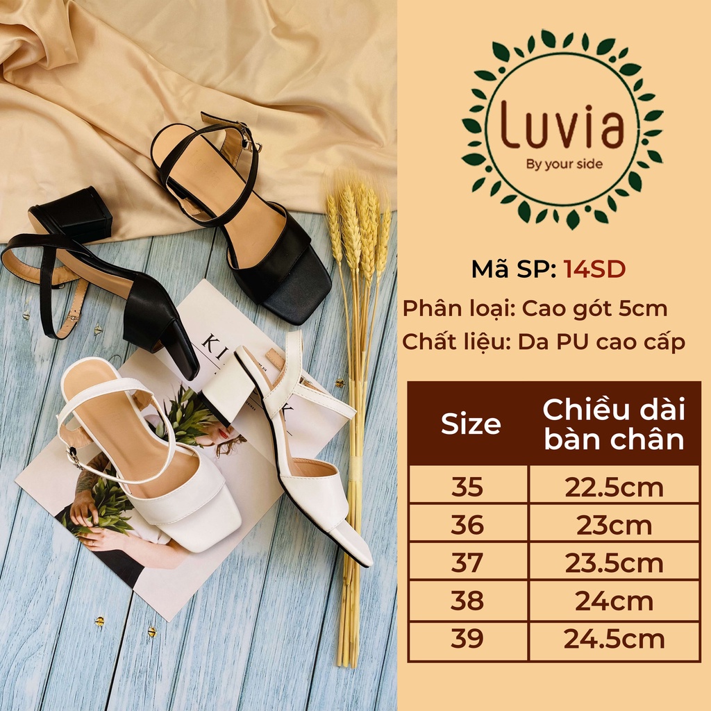 Sandal cao gót nữ đế vuông 5p màu trắng đen Luvia 14SD