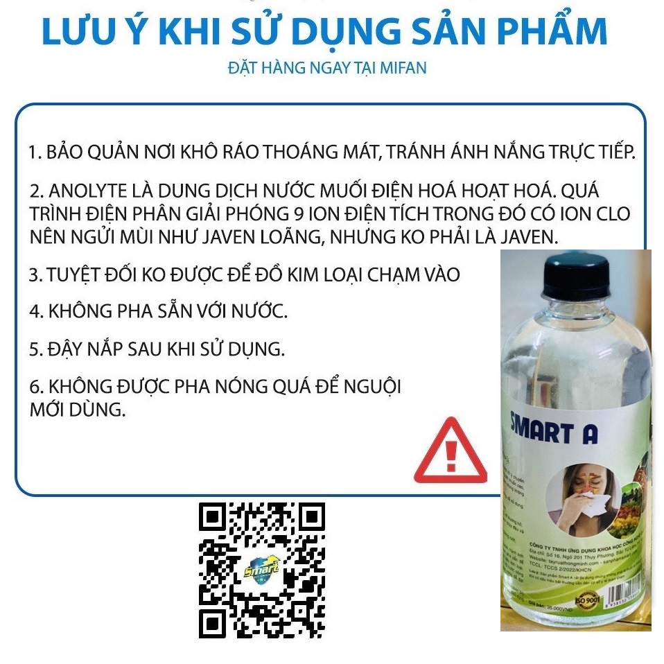 Dung dịch sát khuẩn Anolyte chai 500ml - Nước Smart Anolyte an toàn từ thiên nhiên không kích ứng ( Nước A )