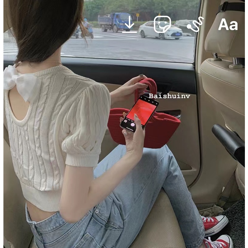 Áo Thun Dệt Kim Tay Ngắn Cổ Tròn Màu Trơn Thắt Nơ Thời Trang Cho Nữ