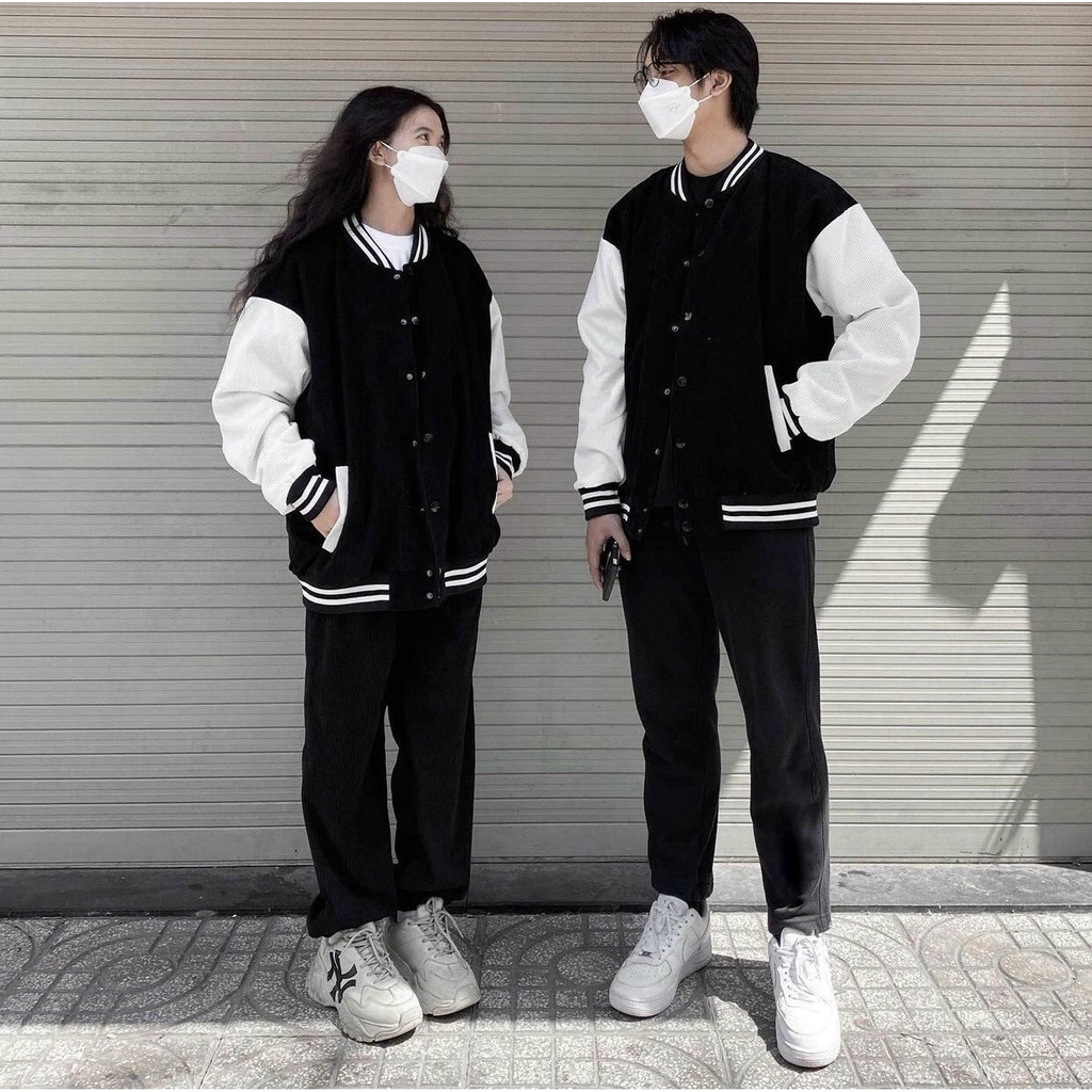 Áo khoác bomber jacket nam nữ phối trắng chất vải kaki nhung trơn form rộng cực HOT ( ảnh thật)