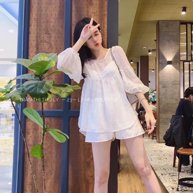 Set ren chấm bi trắng