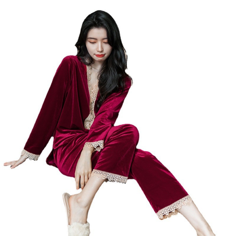Bộ đồ ngủ tay dài chất nhung phối ren thiết kế tay dài hợp thời trang thu đông cho nữ