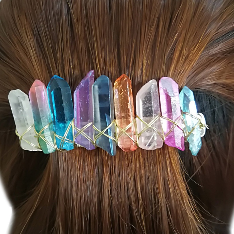 Kẹp Tóc Dạng Lò Xo Bằng Đá Thạch Anh Màu Cầu Vồng Phong Cách Pháp Cổ Điển
