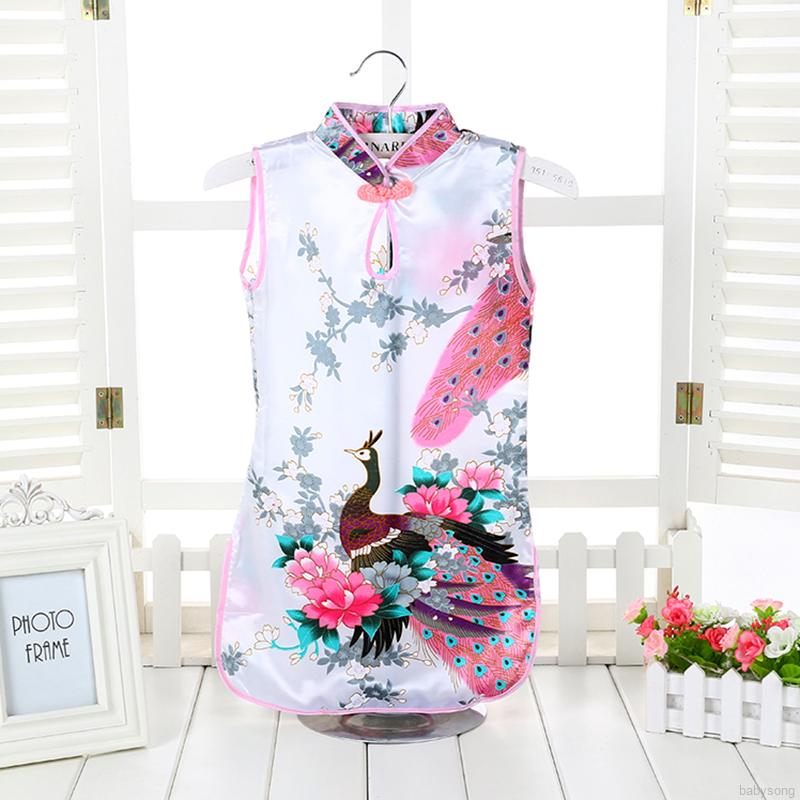 Đầm sườn xám họa tiết chim công phong cách Trung Hoa cho bé gái