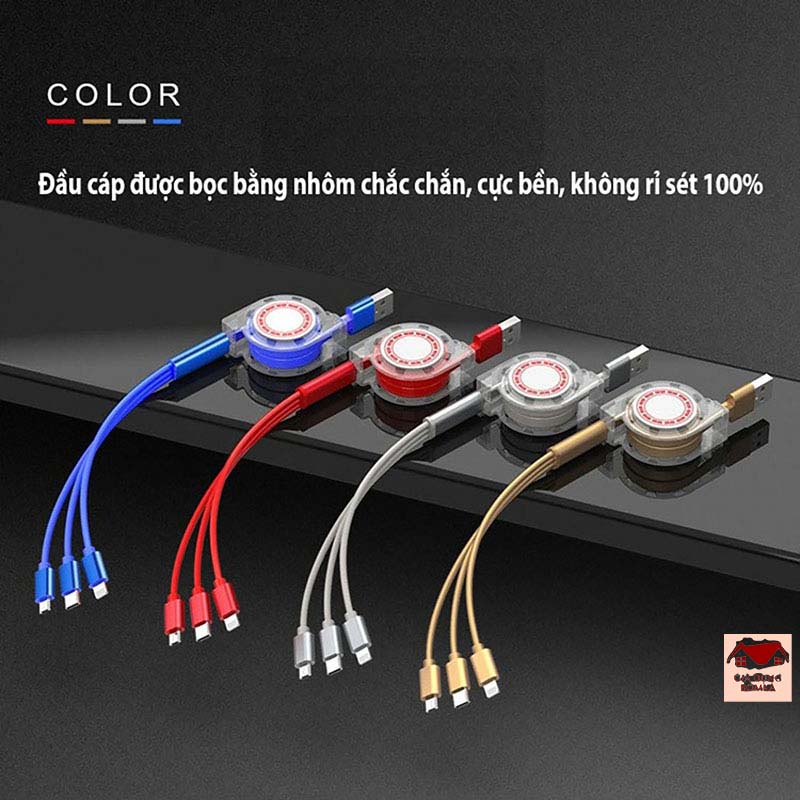 Dây Cáp Cuộn Sạc Nhanh 3 ĐẦU RÚT MicroUSB, Type C, Lightning Iphone Dây TPE Lõi Đồng Thông Minh Siêu Bền