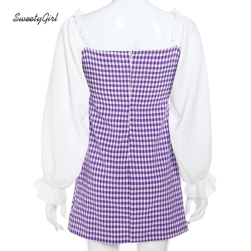 Đầm Mini Hở Vai Tay Dài Họa Tiết Kẻ Sọc Ca Rô 2022 Thời Trang Cho Nữ