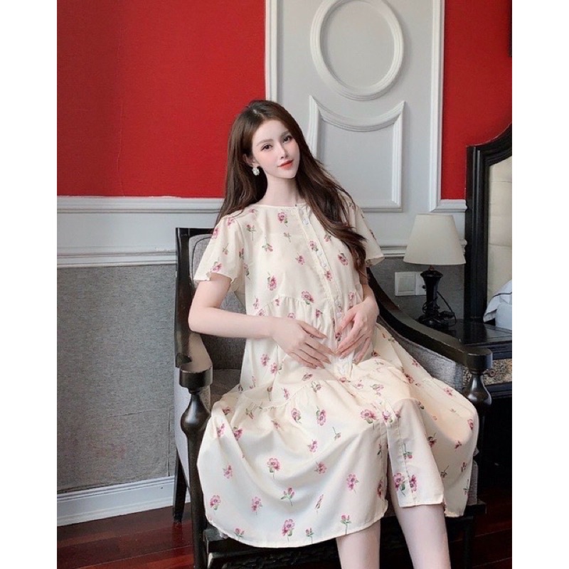 Đầm váy Bầu thiết kế ĐẸP RẺ, vải Voan 2 lớp tay bồng xinh xắn, FREESIZE mặc thoải mái suốt thai kì