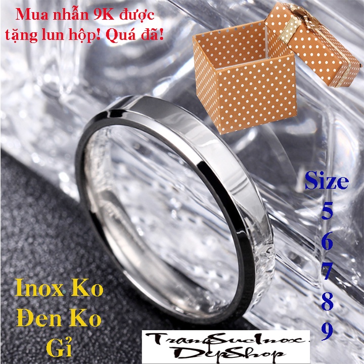 Nhẫn trơn inox 4mm vát cạnh 2 bên màu trắng sáng đẹp, không đen , hợp thời trang  - Tặng hộp đựng xinh xắn