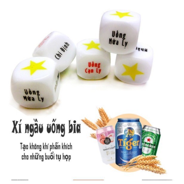 Xúc xắc uống bia (rượu) in chữ và tự thiết kế - Xí ngầu uống bia ăn nhậu 2 loại