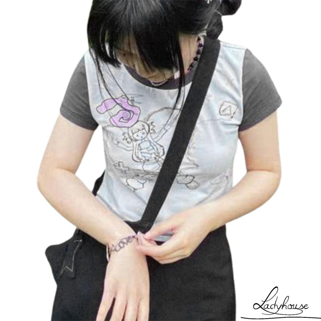 Áo Thun T-shirt Tay Ngắn Cổ Tròn In Hình Cô Gái Hoạt Hình Màu Tương Phản Dành Cho Nữ