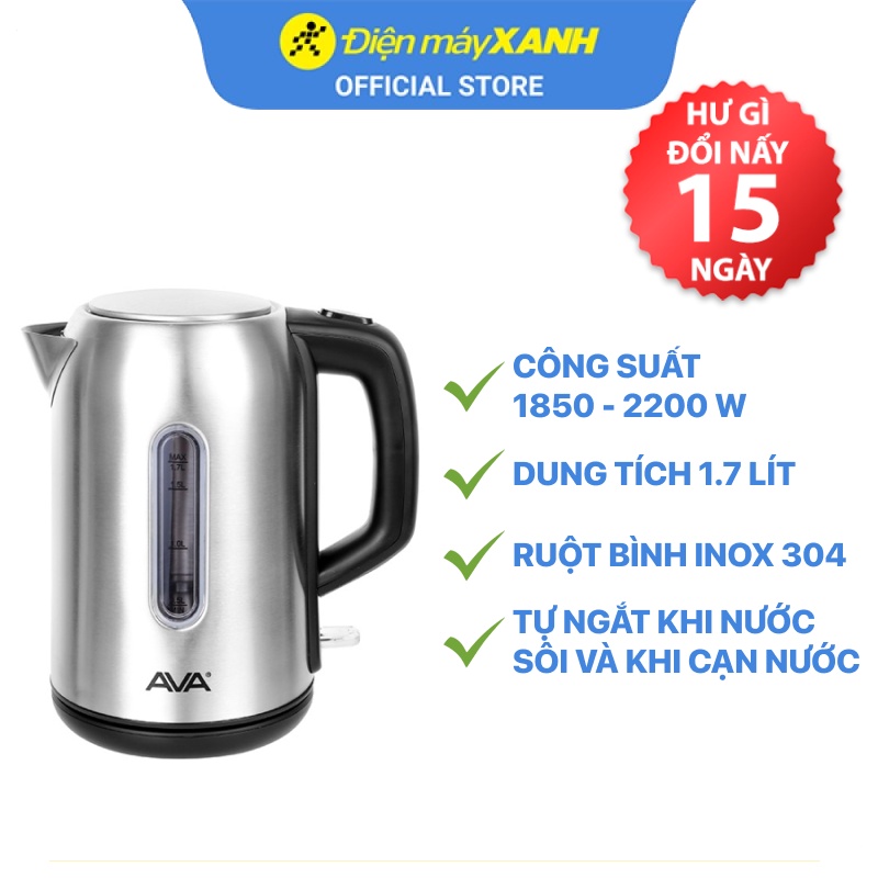 [Mã ELHADEV giảm 4% đơn 300K] Bình đun siêu tốc inox cao cấp Ava T-906I 1.7 lít - Chính hãng BH 12 tháng