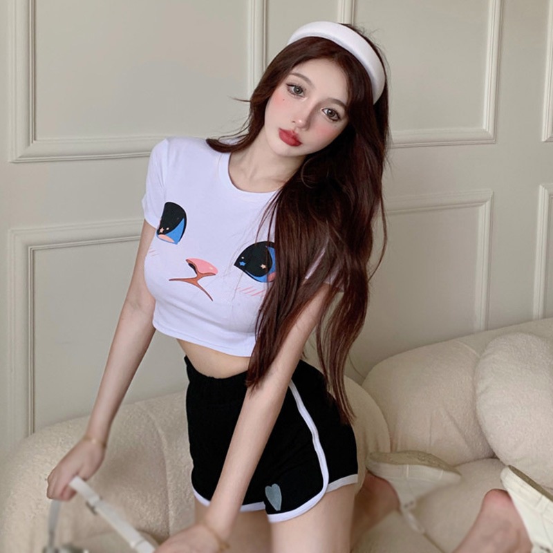 Áo Thun Crop Top Tay Ngắn Cổ Tròn In Họa Tiết Hoạt Hình Phong Cách Đường Phố Thời Trang Mùa Hè Dành Cho Nữ