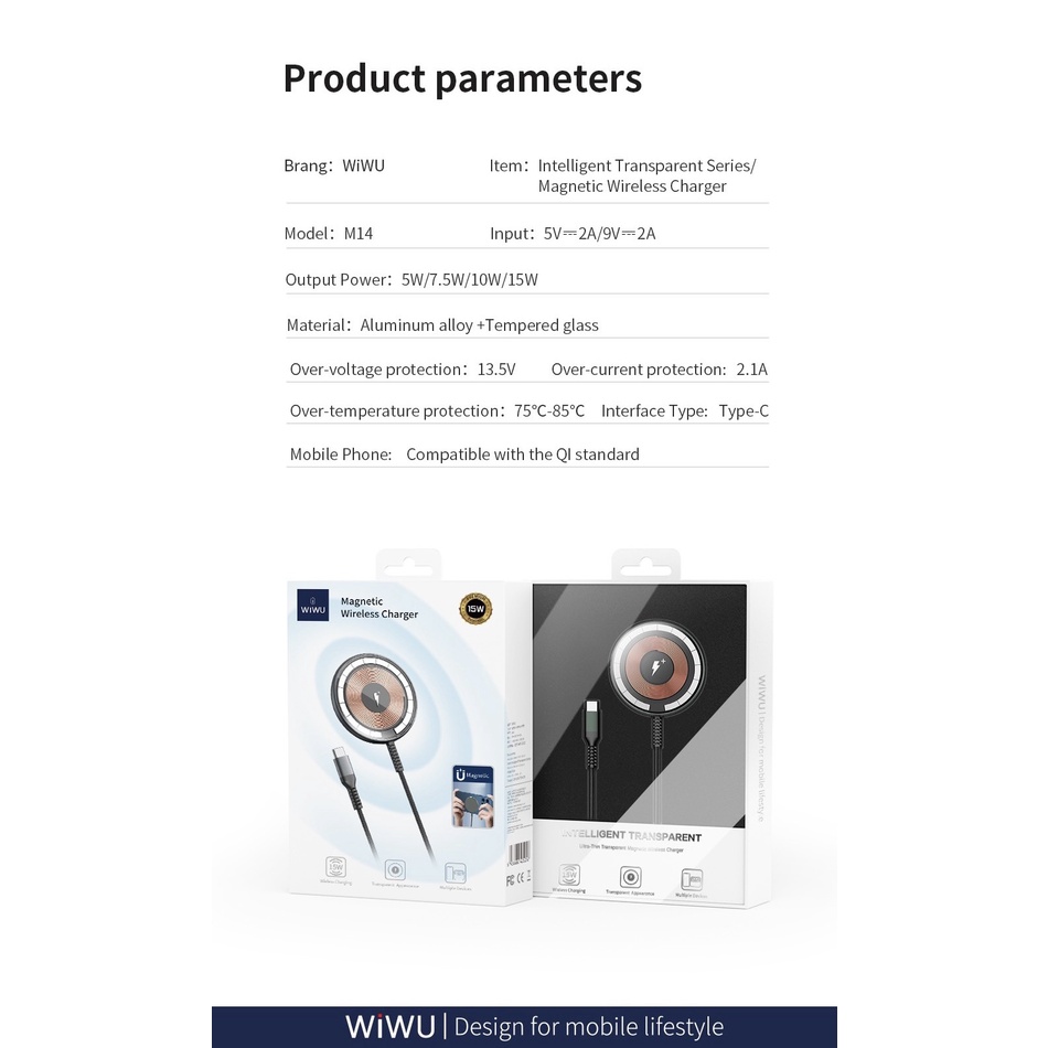 Sạc Wiwu M14 Magnetic Wireless 15W dành cho Smart Phone Hỗ trợ bộ sạc không dây 15W - Hàng chính hãng