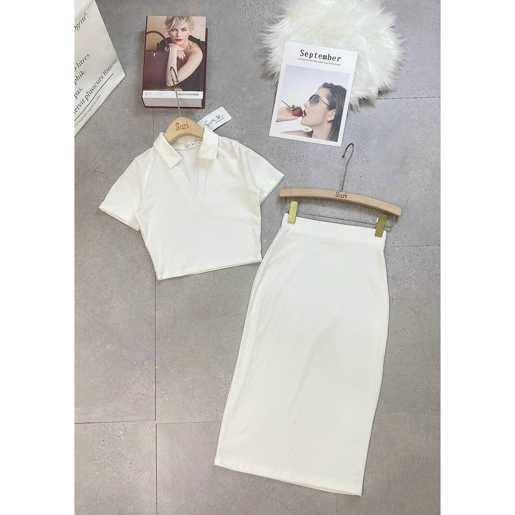 Set bozip xinh áo croptop cổ bẻ mix chân váy bút chì xinh ảnh thật tôn dáng