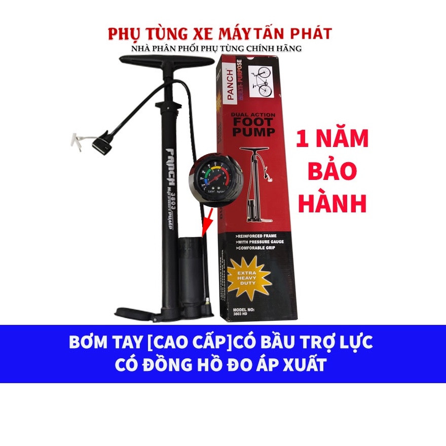 [Cao Cấp] Ống Bơm Tay Cao Cấp Trợ Lực Kèm Đồng Hồ Dùng Bơm Xe Máy Xe Đạp Xe Đạp Điện Hãng Panch model 3803