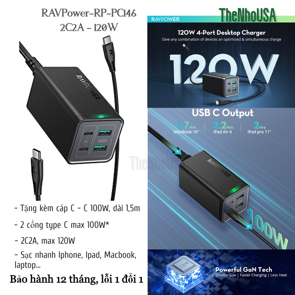 Sạc 4 cổng RAVPower 120W 2C2A GaN Tech RP PC146