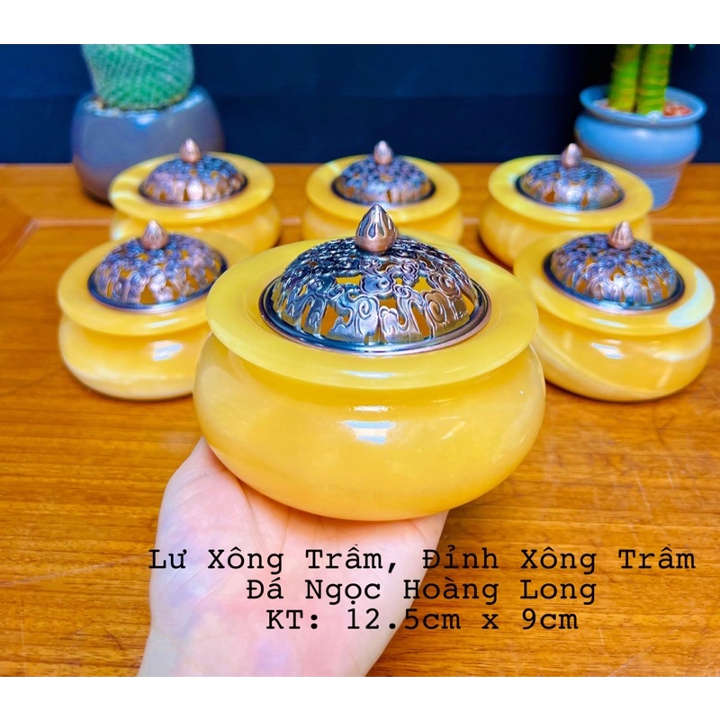 Lư Xông Trầm Đá Ngọc Hoàng Long Size To - Đá Ngọc Xanh Pakistan Nắp Bằng Đồng