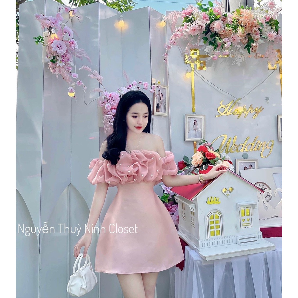 [Miễn Phí Ship 50K-GIAN HÀNG CHÍNH HÃNG] Đầm nữ thời trang mặc đi tiệc, Đầm umi trễ vai phối voan váy chữ A đi tiệc sang