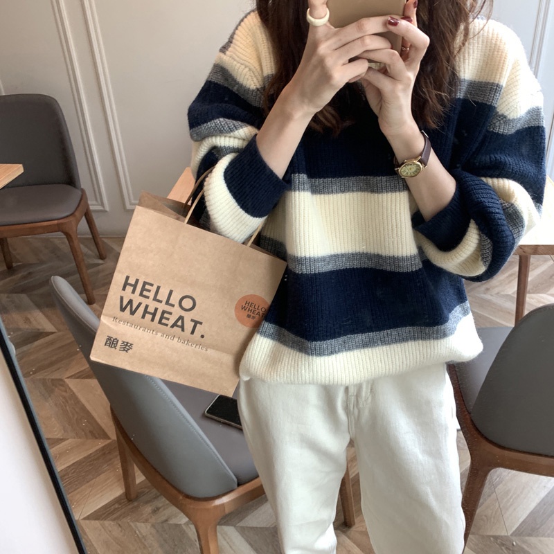 Áo sweater SUXI dệt kim tay dài cổ tròn họa tiết kẻ sọc phong cách vintage