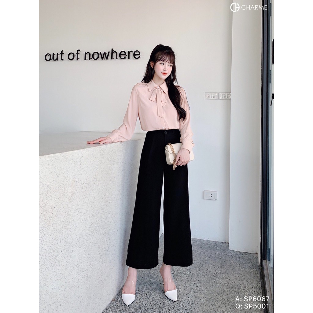 Áo sơ mi nữ trơn dài tay phối cổ nơ tiểu thư thiết kế Charme 6067